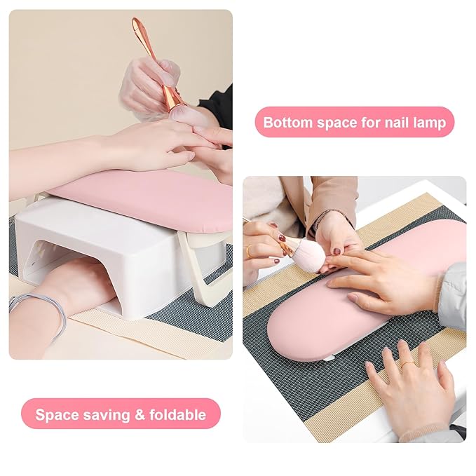 Diesisa Nail Arm Rest, Foldable PU Leather Nail Arm Rest for Nails with Soft Table Mat, Soft Hand Rest for Acrylic Nails/Nail Hand Rest for Manicure Salon Use-Pink