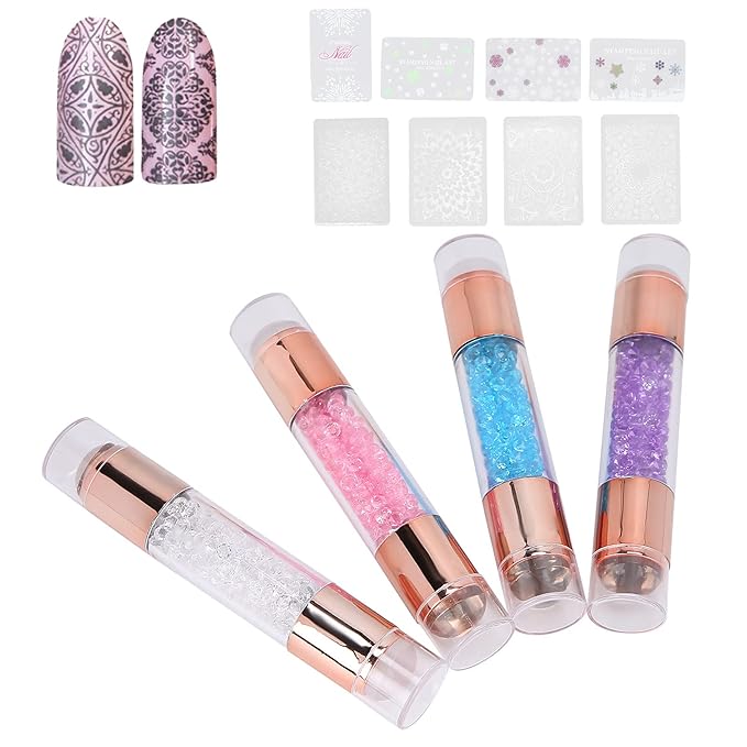 Manicure Stamping Plates , Fashionable 4Sets Double Ended Pen Colorful Rhinestones Clear Printing Scraper Nail Stamper Kit for Home for Salon