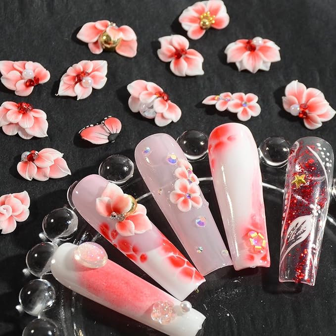 30PCS 3D Handmade Flower Nail Art Charms Advanced Handcrafted Cherry Blossom Flower Colorful Sculpted Floral Nails with Rhinestone Caviar Beads Design for Women Profession Nail Art Craft Jewelry