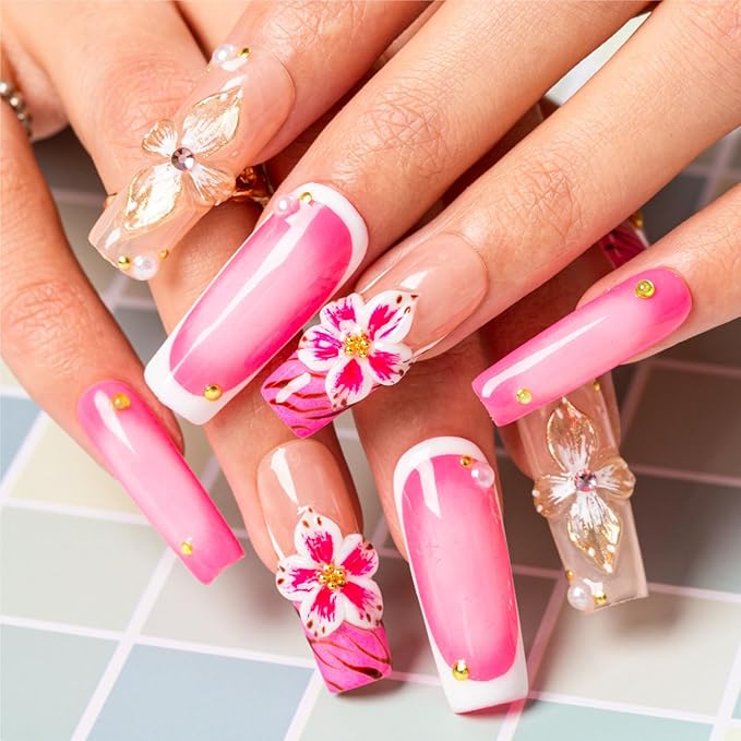 LOVFUL Handmade Acrylic Press on Nails Rosewater Bloom | Short Press ons | Reusable Fake Nails | Square Classic Regular 1.3 in | H499-S