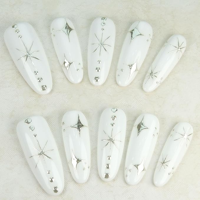 Long Press On Nails Squoval Fake Nails Handmade False Nails White Star Rhinestones Hand-Painted Nail Charms With Designs,Acrylic Nail Kit Gel Nails,Reusable Stick on Nails for Women 10pcs M