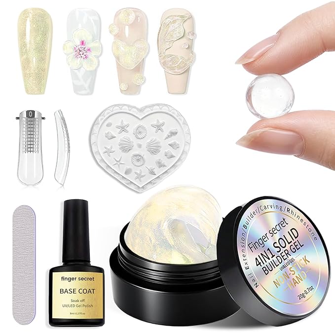 3D Gel Nail Art Kit-Yellow Aurora Solid Builder Gel for Nails 3D Sculpting Carving Building Modeling Hard Extension for Beginner DIY Salon at Home Cured Needed