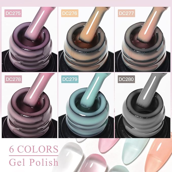 MTSSII Sheer Crytal Gel Nail Polish Set Jelly Gel Polish Kit 6 Colors Translucent Pink Blue Orange UV Nail Polish Glass Gel Polish Neutral Soak off Manicure Kit