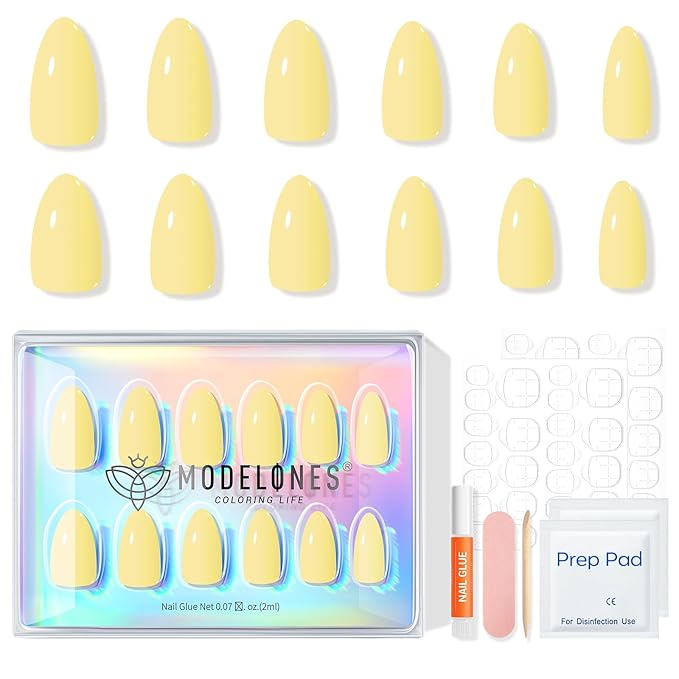 Modelones Yellow Press on Nails Almond, Easter Spring Neon Short Fake Nails, Reusable Nail Kit with Nail Glue Adhesive Tabs Mini Nail File, Nails Press Ons 32Pcs 16 Sizes, Women Girl Gift ﻿