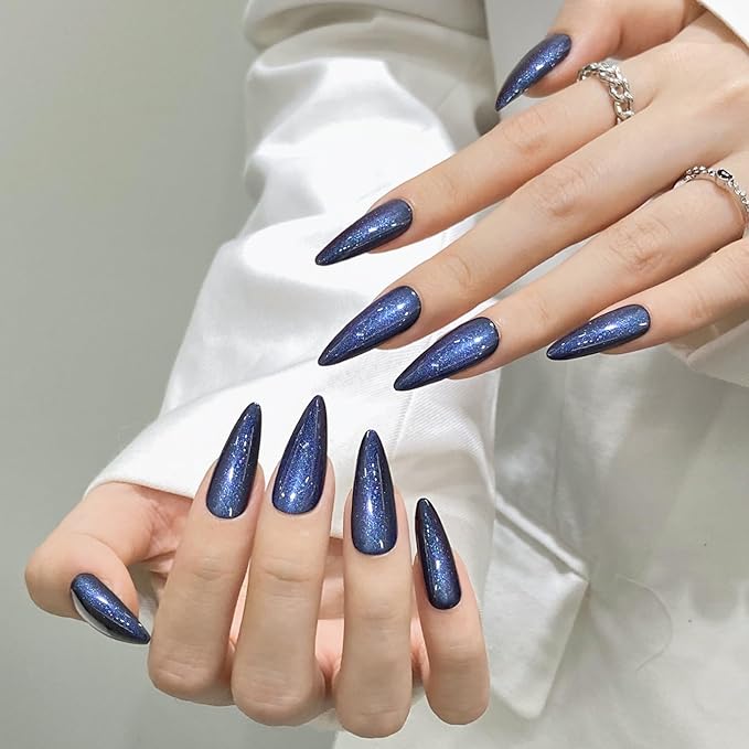 Sea Blue Almond Cat Eyes Press On Nails,12 Sizes - 24 Pcs Soft Gel Blue Medium Fake Nails Kit with Nail Glue, Natural Reusable Stick On False Nails for Women and Girls SK1007