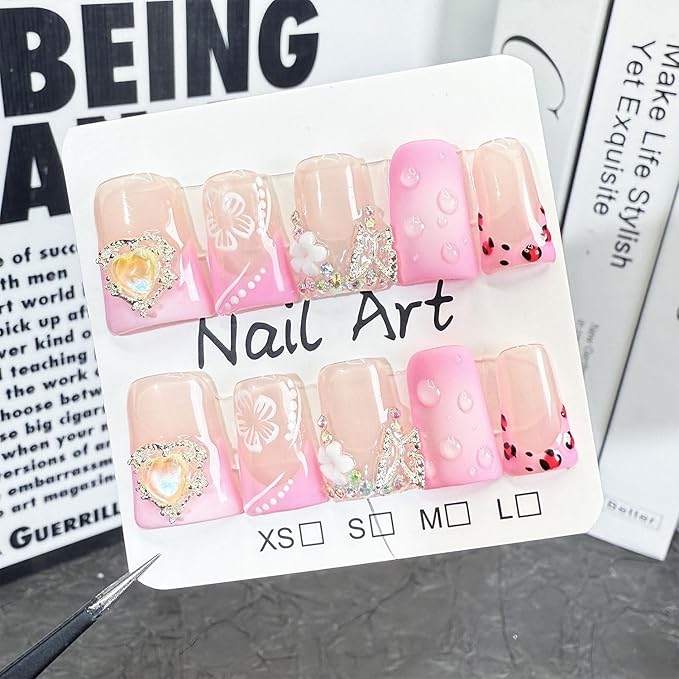 Medium Duck Handmade Press on Nails Nude Pink Fake Nails Butterfly Charms Luxury Gems Design Thick False Nails with Glue,Muti-Layer Gel Press ons Nail Reusable Nails for Women(Size S)