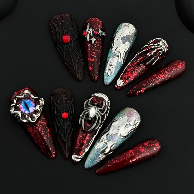 Halloween Press on Nails Luxury Red Black Fake Nails 3D Handmade Spider & Eyeball Unique Design Nail Art Thick Long Almond Halloween Spider Web Handbone Acrylic Nail for Women（Size M)