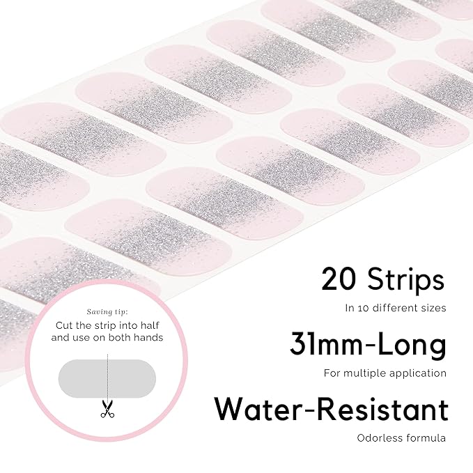 NAILOG Semi Cured Gel Nail Strips, Extra Long Glitter Nail Polish Strips (20 Pieces), Buy 2 Get 1 UV Lamp, Long Lasting Gel Nails with Soft Glossy Gel Finish, Ballerina