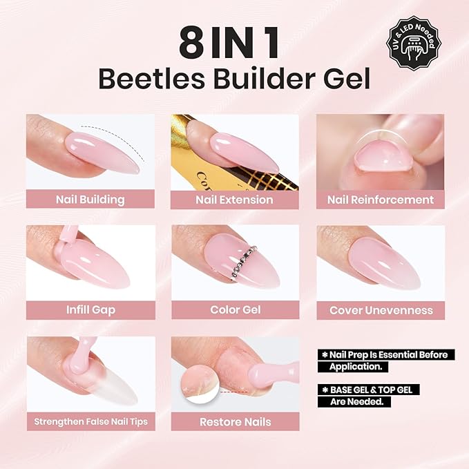 Beetles Builder Gel Set-Skin Poem 12 Colors 8 in 1 Nail Thickening Strengthening Building Apex for Beginner DIY Salon at Home,Natural Nude Jelly Pink Glitter Builder Nail Gel, UV & LED Lamp Cured Need
