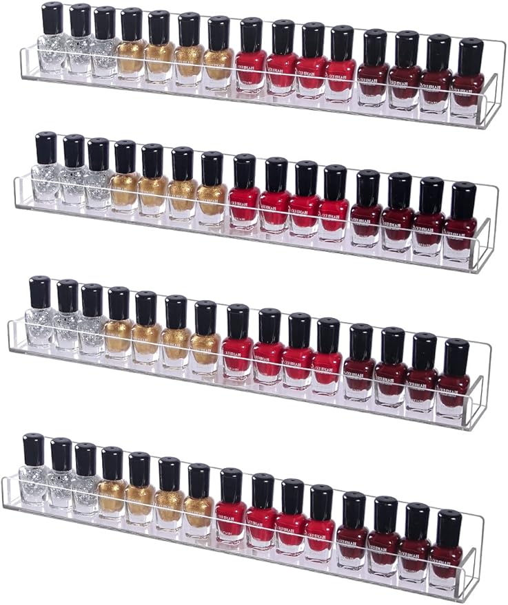 4 Pack Acrylic Nail Polish Rack Wall Mounted Shelf with Removable Anti-Slip End Inserts, Clear Nail Polish Holder Organizer Display Stand