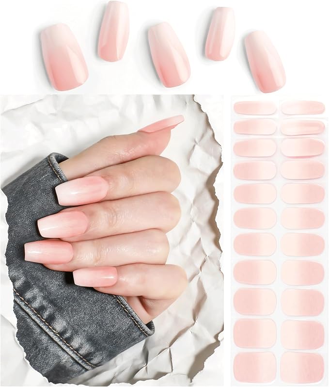 Semi Cured Gel Nail Strips Skin Pink Ombre Gel Nail Stickers with UV/LED Required Long Lasting Gel Nail Stickers Includes 22 Strips 2 Prep Pads, Nail File & Wooden Stick