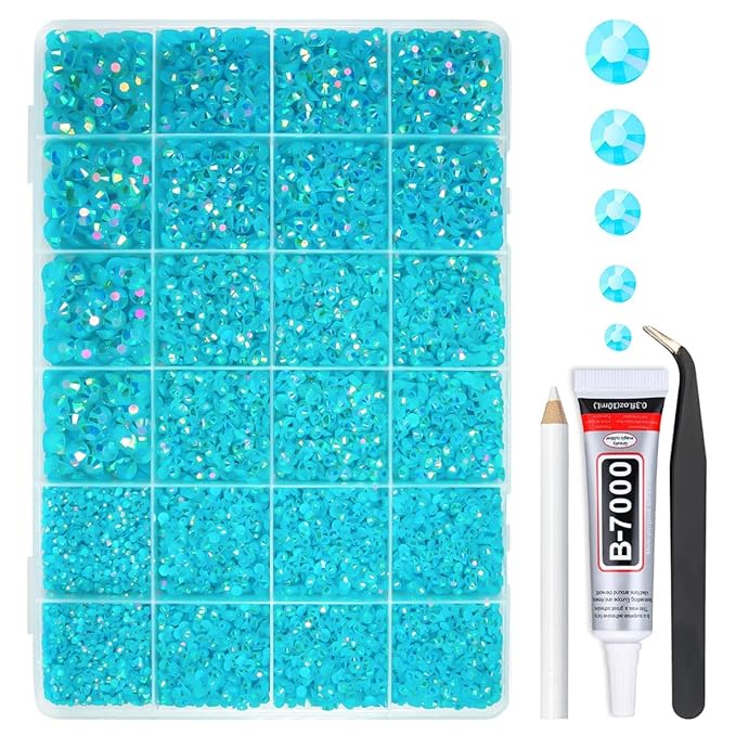 Teal Blue AB Resin Rhinestones w B7000 Glue for Bedazzling Crafting 2mm-6mm Turquoise Blue Flatback Jelly Stones Diamonds Gems Bedazzler Kit for Nails Eyes Face Makeup Tumblers Bottles Crafts