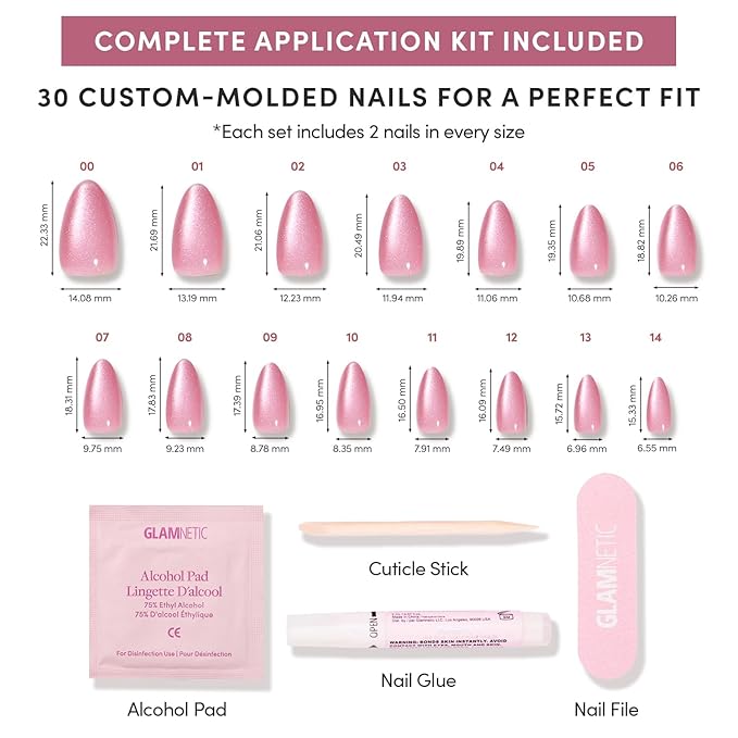 Valentines Day Glamnetic Press On Nails - Shine For You | Short Almond Fake Nails in Pink Velvet Base with Silver Tips in a Velvet Finish, Salon Quality | 15 Sizes - 30 Nail Kit with Glue