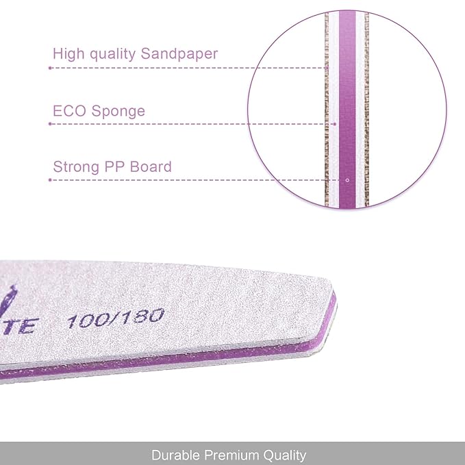 Canvalite 100 PCS Nail File Professional Nail Files Reusable Double Sided Emery Board(100/180 Grit) Nail Styling Tools for Home and Salon Use