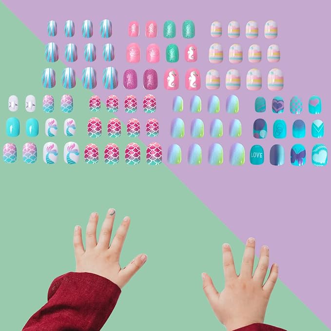 SIUSIO 120Pcs 5 Pack Children Acrylic Fake Nails Press on Pre-glue Full Cover Glitter Gradient Color Short False Nail Art Kits Sets Great Christmas Gift for Kids Little Girls - Mermaid Beach