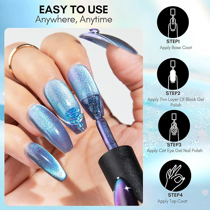Makartt Blue Cat Eye Gel Nail Polish: Magnetic Glitter Gel Polish Soak-Off UV/LED with Aurora Effect, Long-Lasting Black Hole Shine, Comes with Magnet Stick Salon Home Nail Art 10ml