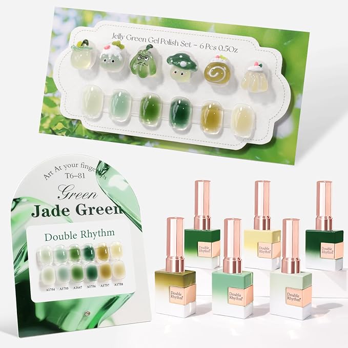 Double Rhythm 6 Pcs 15 ML Gel Polish Set Same Color Same Bottle Soak Off Gel Polish Kit Nail Art Manicure Salon DIY at Home for Women (Jelly Milky Light Green Olive Teal-T6-81)