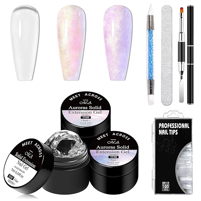 MEET ACROSS 7Pcs Aurora Solid Builder Nail Gel 5 IN 1 Solid Sculpture Builder Kit Clear Pink Purple Non-Stick Hand Nail Extension Gel Manicure DIY for Women