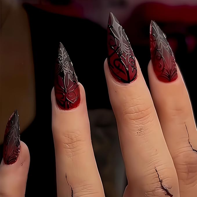 Long Almond Press on Nails Halloween Dark Red Artificial Fake Nails with Black Spider Web Designs Stick on Nail for Women 24pcs