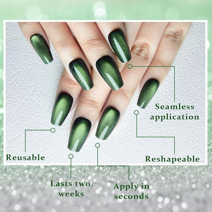 evpct Emerald Green Cat Eye Coffin Press on Nails Square Medium, Medium Square Stick on Nail for Women Gift, Green Metallic Glitter Glossy Reusable Soft Gel Press on Acrylic Fake Nail with Designs