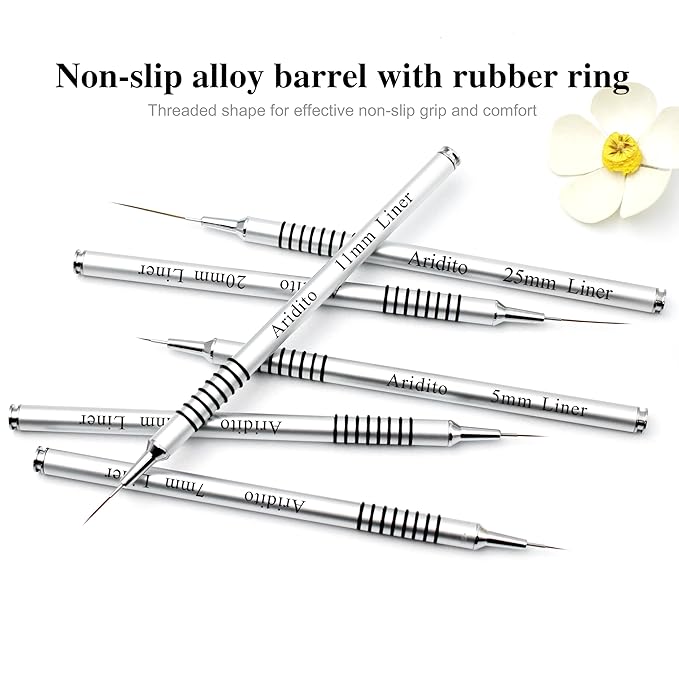6Pcs Silver Metal Handle Nail Art Liner Brushes Set for Long Lines, Fine Details Painting Gel Nail Brush Drawing Sizes 5/7/9/11/20/25mm