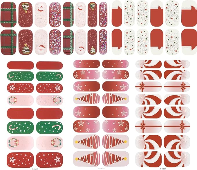 Christmas Nail Wraps Full Stickers Nail Polish Strips, DIY Self-Adhesive Nail Art Decals Snowflakes Xmas Tree Candy Cane Pattern with 5 Piece Nail Files for Party Decor 5Sheets 80Pcs
