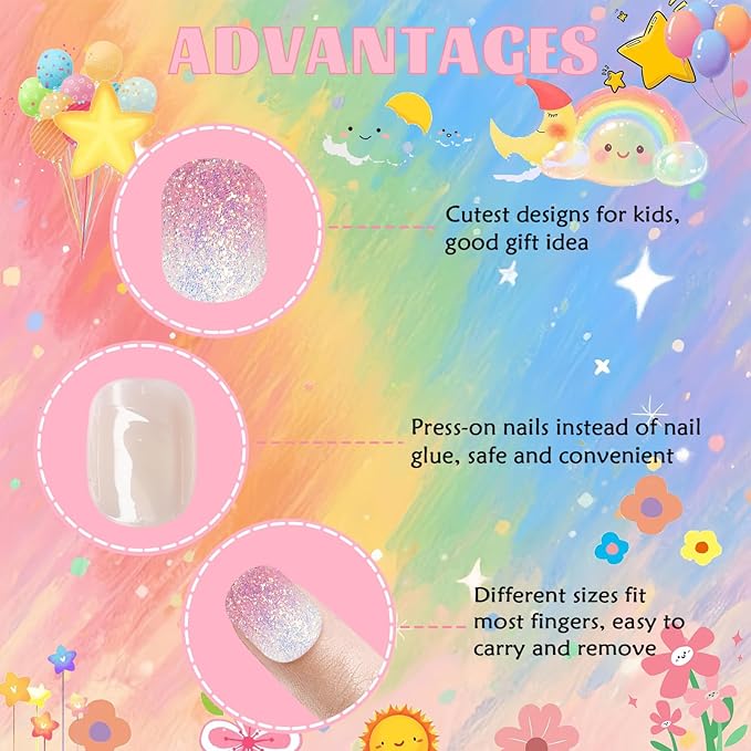 Laza 72pcs Children Nails Press On Pre-glue Full Cover Gorgeous and Colorful Short False Nail Gradient Glitter Kits for Kids Teenager Girls - Rainbow Falls