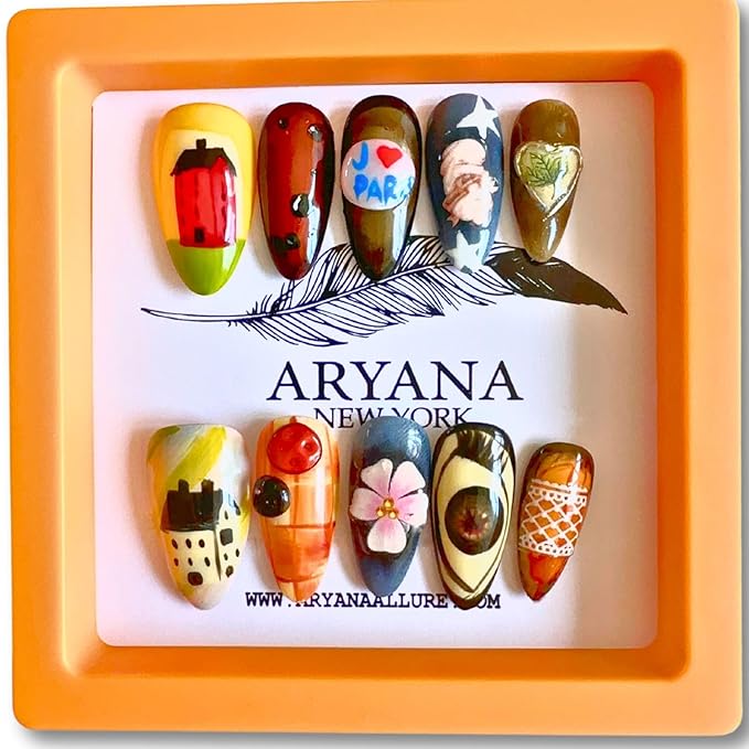 ARYANA NEW YORK Handmade Press-On Nails – Reusable 3D Almond False Nails, Salon Quality Full-Cover, J'adore Paris Collection- (Medium)