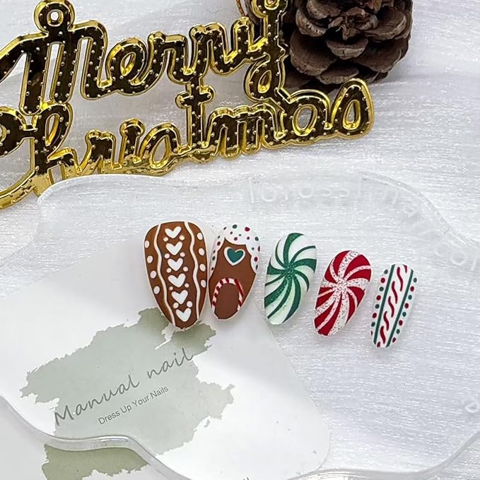 30pcs Christmas Press on Nails Medium Almond Fake Nails Glitter Red Green Spiral Pattern False Nails with Colorful Stripe Heart Design Brown Glue on Nails Full Cover Artificial Stick on Nail for Women