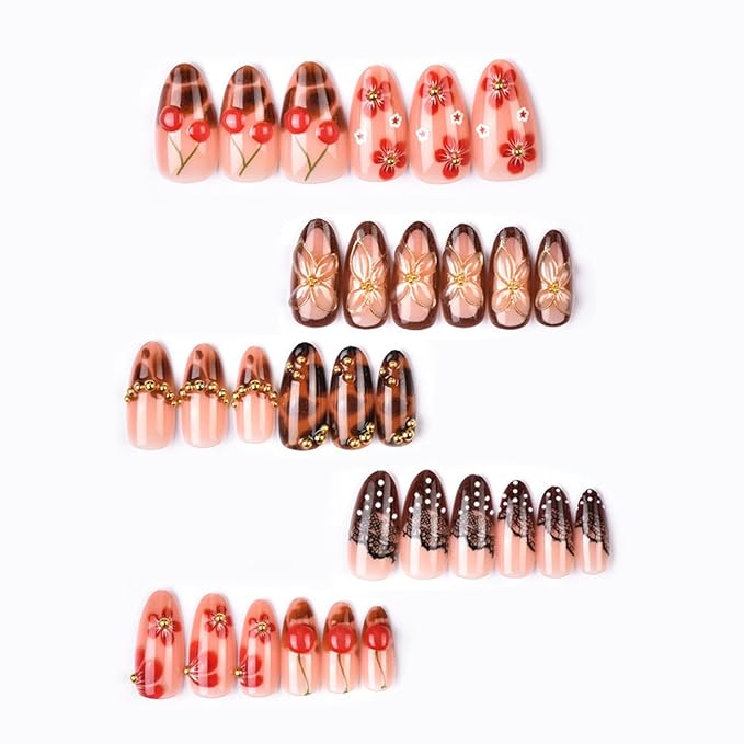 Medium Press on Nails Almond Fake Nails SEENEEY Brown Artificial Nail Red Floral and Gold Charm Designs Cherry Stick on Nail for Women 30pcs