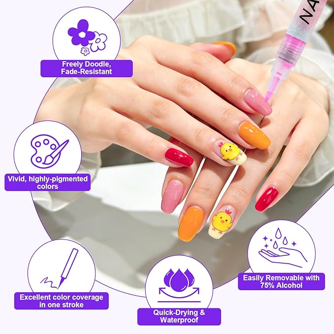 Pintada 12-Color 0.7mm Fine Tip Nail Art Pen Set with 13 Sheets Nail Stickers - Waterproof Quick-Drying Nail Art Markers for DIY Nail Design, Greeting Cards, Object Painting, Holiday Doodling