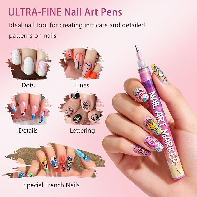 Nail Art Pens Set,12 Color 3D Quick-Dry 0.5MM Nail Polish Pens,Acrylic Nail Paint Markers Kit,DIY Graffiti Dotting Liner Pen for Manicure Home Salon Beginners