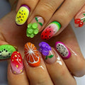 Short Oval Press on Nails MABKJLF 3D Fake Nails Cute False Nails with Strawberry Cherry Orange Designs Funny Glossy Glue on Nails Summer Stick on Nails for Women Girls 24Pcs