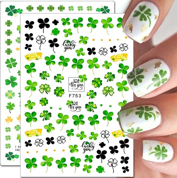 Green Shamrock Nail Art Stickers Decals 3D Self Adhesive St. Patrick's Day Nail Stickers Lucky Clover Design Spring Nail Decals Cute Heart Nail Supplies Shamrock Decoration for Women Manicure 8Pcs