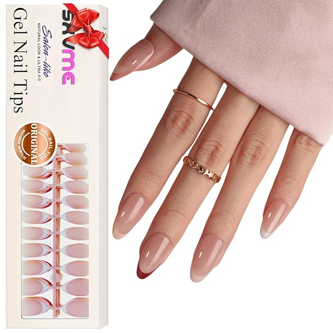 Gel French Tip Nails Medium Almond French Tip Press on Nails SXVME White French Nail Tips 150Pcs Pre-applied Tip Primer Natural Skin Tones Fake Nails Extensions Gel Nail Kit for Women Girls DIY