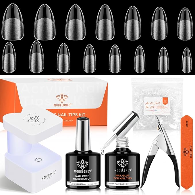 modelones X Nail Gel Kit Almond, Upgrade 15Sizes Fake Nails, 9-in-One Glue Dehydrator & Mini U V Light Clipper, 510Pcs Medium Almond Press on Tips for Extension DIY Salon Home Gift