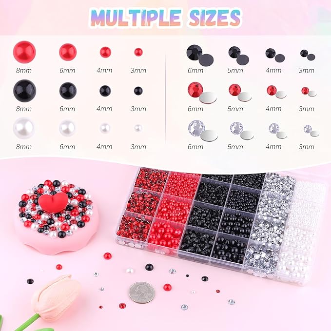 14000Pcs Flatback Pearls and Rhinestones for Crafting, Red White Black Mixed Size 3-8mm Resin Rhinestones and Half Pearls for Bedazzling, Nail Art and Decoration with 3pcs B7000 Jewelry Glue