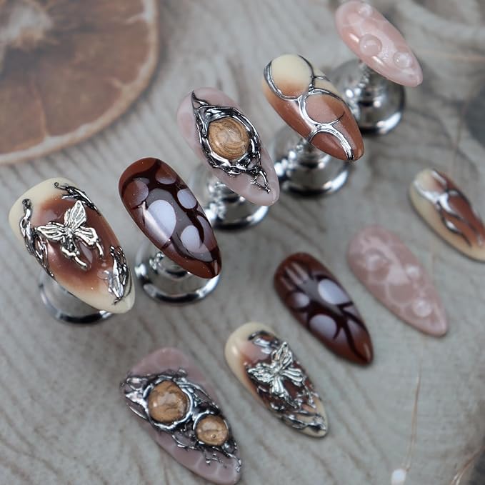 Brown Ombre Press on Nails Butterfly Fake Nails Medium Almond False Nail with Metal Design Silver Glue on Nails Handmade Nail Press ons Y2K Stick on Nail for Women Girls Cool Manicure (L)