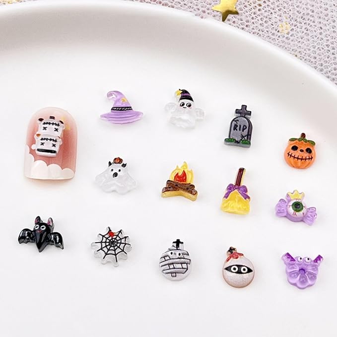 100Pcs Halloween Nail Art Charms Multi Shapes Colors 3D Pumpkin Torch Broom Nail Charms Cute Cartoon Bandage Web Ghost Tombstone Hat Nail Art Rhinestones Mini Flatback Nail Supplies for DIY Nails Art