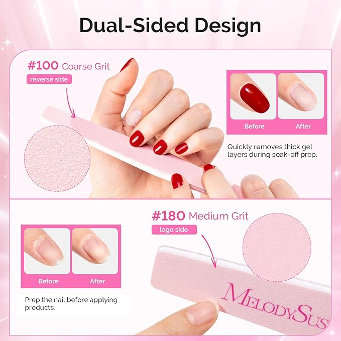MelodySusie Nail File Kit, 6Pcs Double Sided 100/180 Grit Mixed-Shapee Emery Boards for Nails, Professional Manicure Pedicure Supplies for Home and Salon Use, Pink