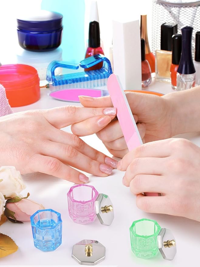 TOROKOM 4 Colors Dappen Dish for Acrylic Nails, Glass Crystal Acrylic Powder Holder with Lid Nail Art Acrylic Liquid Cups Nail Crystal Bowl Glassware Tools for Nail Art Manicure