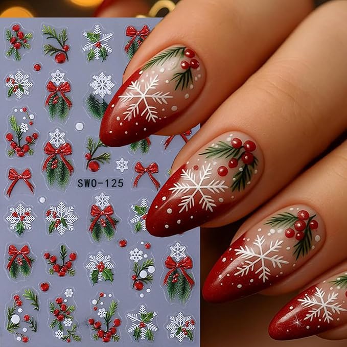 4 Sheets Christmas Nail Art Stickers Decals 5D Embossed Winter Holly Sprig with Bow Nail Decals3D Self-Adhesive Xmas Snowflake Holiday Nail Supplies Nail Art Design for Women DIY Decoration