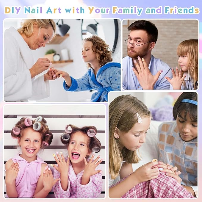 Shynek Kids Press Nails for Girls, 168Pcs Children Fake Nails Pre Glue Nail Stickers Full Cover Short False Nails Set for Girls Gift Nail Art Decoration