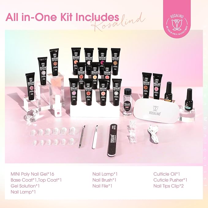 ROSALIND Poly Nail Gel Kit -16 Colors + Nude Glitter Nail Art Accessories kit Clear Nude Poly Nails Gel Kit Starter Kit With Slip Solution Nude Pink Nail Extensions Gel Set with Mini UV Lamp