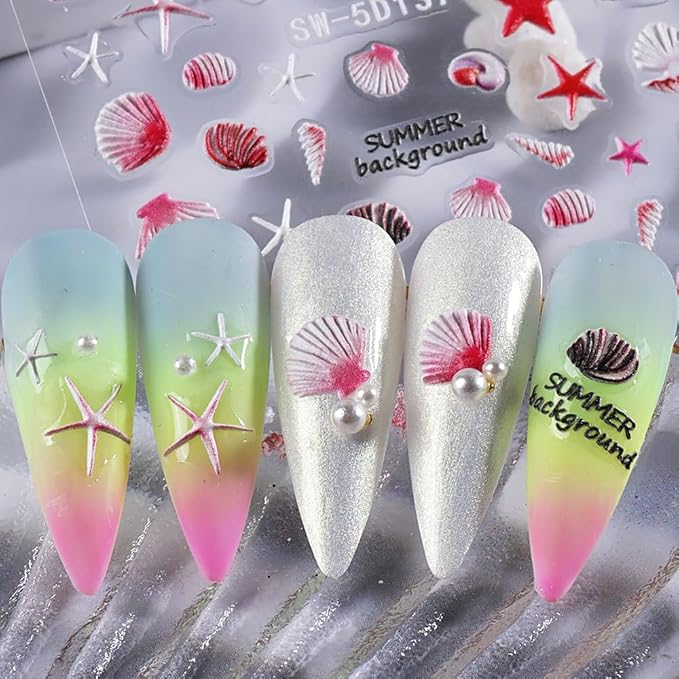 5D Embossed Beach Nail Stickers Ocean Nail Art Stickers Summer Nail Decals Self-Adhesive Nails Sticker Cute Jellyfish Shell Starfish Nail Supplies for Women Acrylic Nails DIY Manicure 3Sheets…