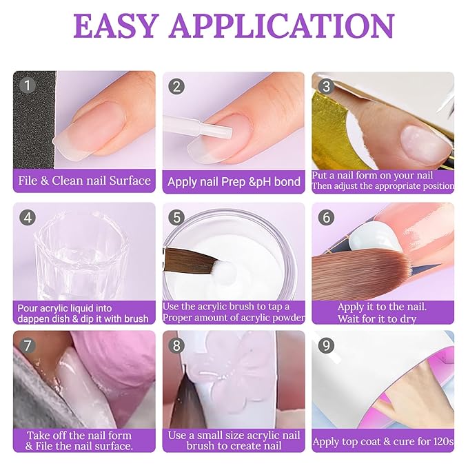 9Pcs Acrylic Nail Kit - 4Pcs Acrylic Powder (Pink, White, Clear, Nude) and Professional Acrylic Liquid Monomer set with Acrylic Nail Brush Nail Forms Glass Cup for Beginner kit
