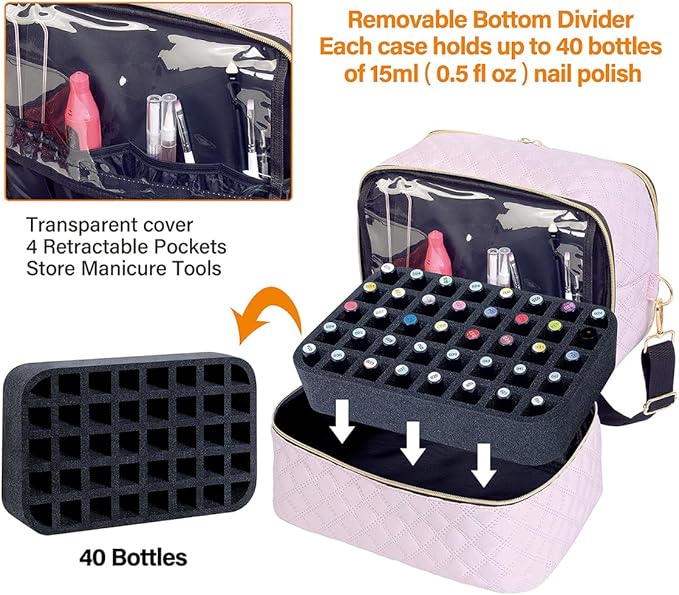 Nail Polish Organizer Case Holds 40 Bottles(15ml/0.5fl.oz) and Nail Lamp, Double Layer Nail Polish Storage with Adjustable Dividers,Portable Carrying Bag for Nail Kit, Manicure Tools Pink