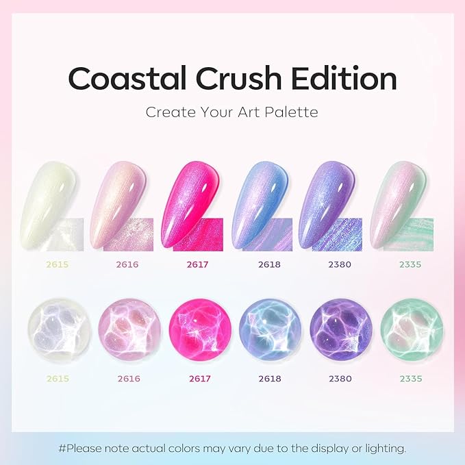 modelones Pearl Gel Nail Polish Set, 6 Colors Ocean Shimmer White Hot Pink Purple Blue Green Mermaid Glitter Gel Polish Soak Off Nail Drawing Swirl Shell Thread Effect DIY Gift