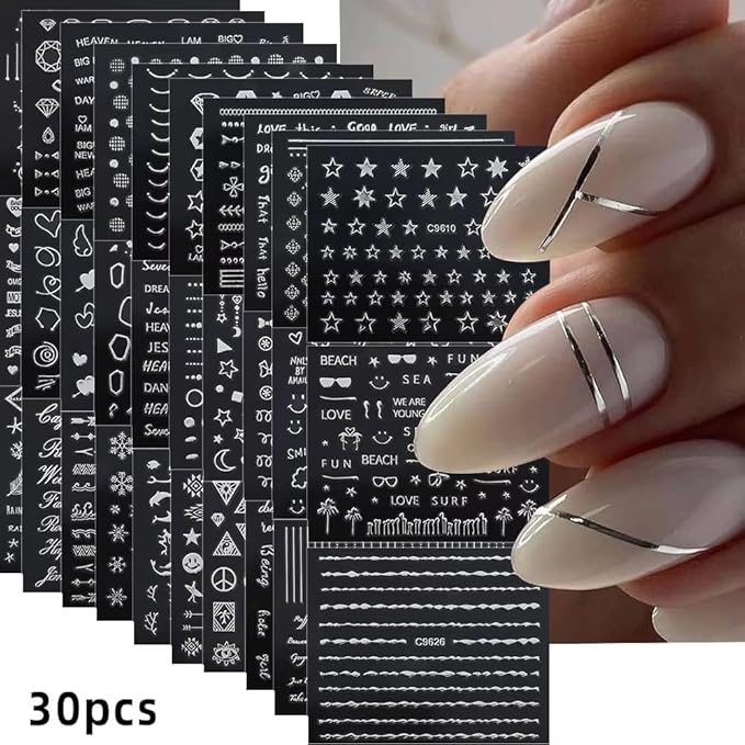 30 Sheets Silver Nail Art Stickers 3D Self Adhesive Sliver Line Nail Decals Heart Star Nail Sticker for Nail Art Silver Nail Design Nail Art Supplies for Women Acrylic Nails Decoration