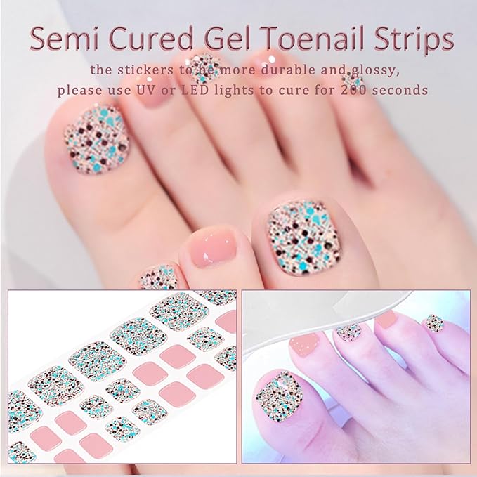 WOKOTO Semi Cured Gel Nail Strips For Toenails, 16 Size 32 Tips Pink & Iridescent Glitter design Toe Nail Polish Strips With Nail File & Wooden Stick, Works With Lamps, Salon-Quality, Long Lasting